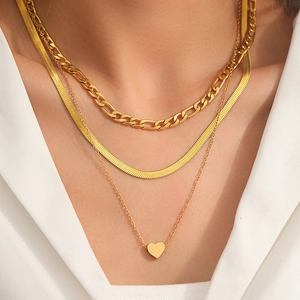 Stainless Steel Layered Necklace Gold Silver Tone Stacked Figaro Snake Chain With Heart Pendant Minimalist Jewelry For Women