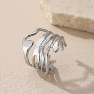 Baroque style liquid metal silver stainless steel ring with irregular hollowed lines