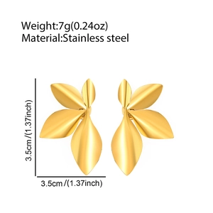 Detail view of 3.5cm gold leaf earrings in stainless steel with 7g weight specs
