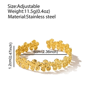 Detail of adjustable gold floral bracelet in stainless steel showing size and weight specs