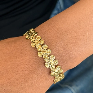 Flower Open Bangle Stainless Steel Hammered Texture Adjustable Floral Cuff Bracelet For Women Retro Ins Style