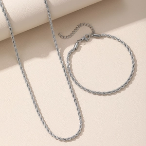 Ensemble de bijoux collier et bracelet chaîne torsadée en acier inoxydable argenté 18k
