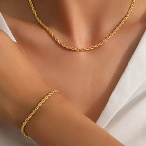 Collier Et Bracelet En Chaîne De Corde Bijoux Acier Inoxydable Plaqué Or 18K Torsadé Minimaliste Rétro Femmes
