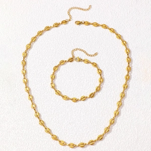 Golden coffee bean link chain necklace and bracelet set with lobster clasp for women