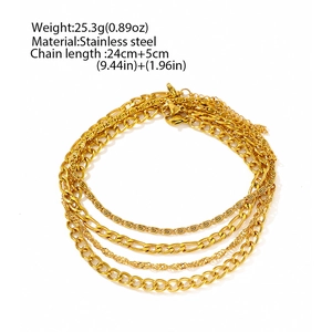 Detail of four-piece gold layered stainless steel anklet set with various chain links