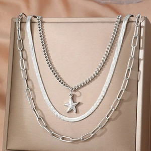 Three-layer silver necklace set with starfish pendant, snake chain and paperclip link