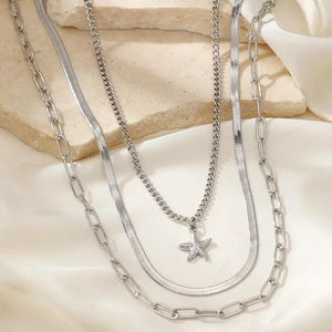 Three-layer silver necklace set with starfish pendant on paperclip and snake chains