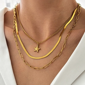 Layered Necklace Stainless Steel Starfish Pendant Snake Chain And Paperclip Chain Fashion Jewelry For Women