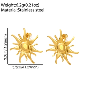 Macro view of gold stainless steel sun flower stud earrings with weight and size details