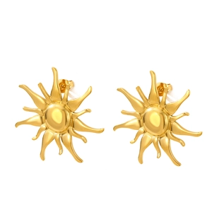 Minimalist sunburst golden stainless steel earrings set with radiant wavy rays and textured center