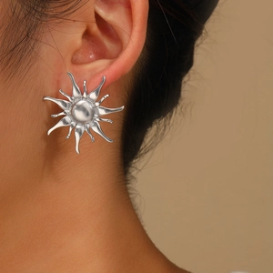 Detailed close-up of a radiant sunflower-shaped silver ring worn on a finger