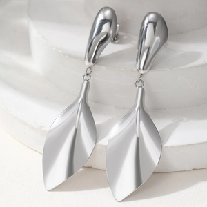 Polished silver leaf drop earrings in 18K stainless steel with waterdrop stud detail