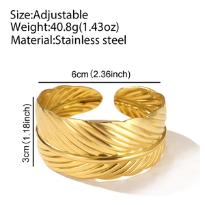 Detailed view of adjustable golden stainless steel feather cuff bracelet showing dimensions