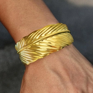 Stainless Steel Feather Cuff Bracelet Adjustable Open Bangle Vintage Gold Plated Hip Hop Jewelry For Women Men