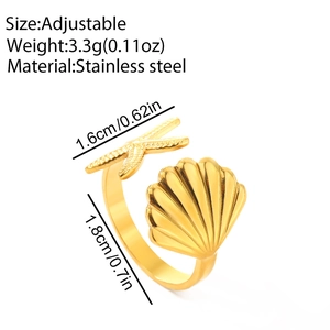 Detailed specs of adjustable golden starfish and shell stainless steel ring, weight 3.3g