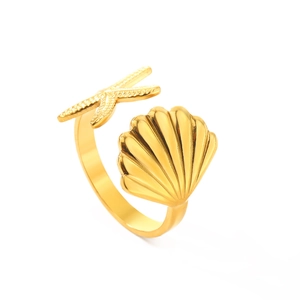 Golden sea shell and starfish open ring with adjustable minimalist ocean style design