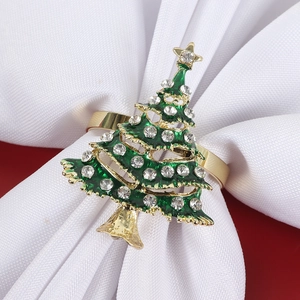 Christmas Tree Napkin Rings Green Enamel Zinc Alloy Rhinestone Gold Metal For Holiday Table Decor
