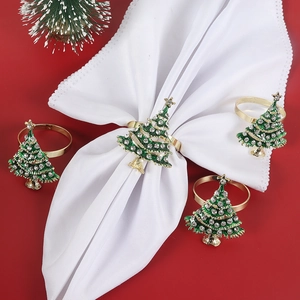 Set of 4 Christmas tree napkin rings with green enamel and sparkling rhinestones