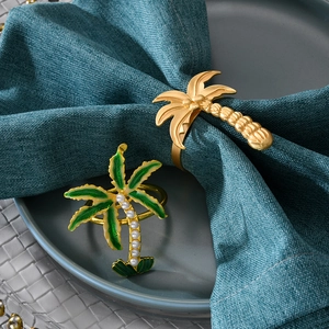 Tropical Coconut Tree Napkin Rings Green Enamel Faux Pearl Gold Palm Tree Napkin Holders For Dining Table Wedding Party