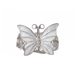 Détail d'embrasse de rideau papillon argenté avec ailes nacrées et strass étincelants