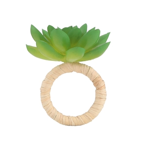 Succulent napkin ring with green faux plant and natural woven base for table decor