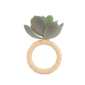 Detailed view of artificial succulent napkin ring with natural woven straw band