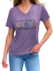 Close-up of Purple V-neck T-shirt with Girls Trip 2026 leopard heart print detail