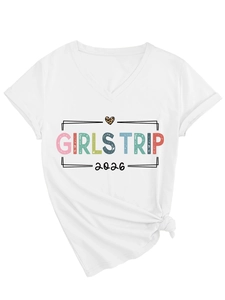 Detail of Girls Trip 2026 leopard heart print on V-neck tee with stylish front knot