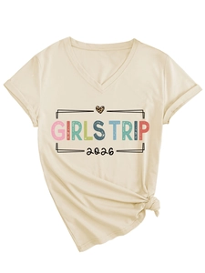 Detail of V-neck beige t-shirt with Girls Trip 2026 text and leopard heart print