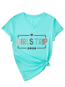 Detail of V-neck mint green Girls Trip 2026 T-shirt with leopard heart and side knot