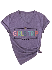Detail of V-neck T-shirt with Girls Trip 2026 leopard heart and front knot design
