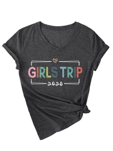 Detail of V-neck dark grey t-shirt with knotted hem and Girls Trip 2026 leopard heart print