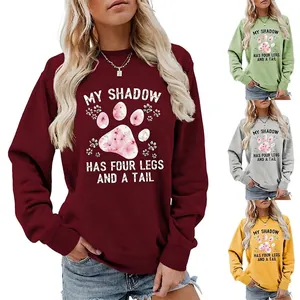 Sweat-Shirt Femme Col Rond Manches Longues Coton Graphique Empreinte Patte Fleur Haut Pull Décontracté