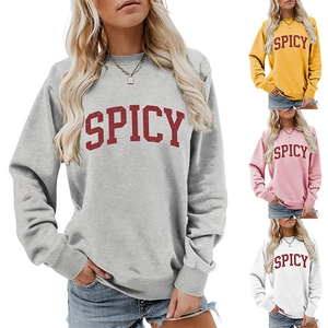 Detail view of four color options for the Spicy letter print long sleeve crewneck sweatshirt