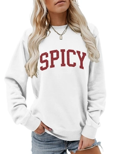 Detail of white SPICY letter print sweatshirt with ribbed cuffs and classic crew neck