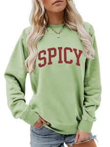 Sage green sweatshirt detail with spicy letter print and ribbed crewneck cuffs
