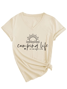 Detail view of beige V-neck cotton T-shirt with camping life graphic and hem knot detail