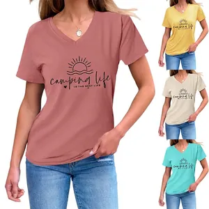 Women's V-Neck T-Shirt Cotton Blend Short Sleeve Camping Life Print Casual Loose Fit Summer Top