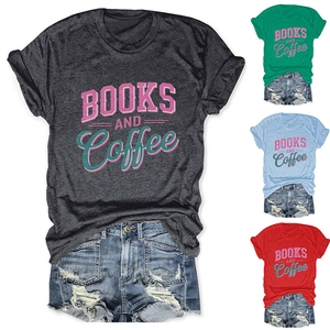 Detail of Books and Coffee print on casual women's t-shirts in various color options