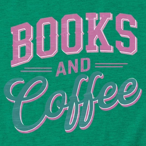 Detail of screen-printed BOOKS AND Coffee text on a green cotton T-shirt texture