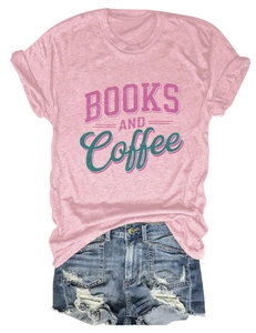 Close-up of Books and Coffee graphic print on pink heather t-shirt and ripped denim shorts