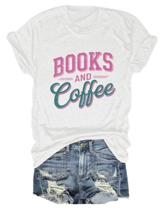 Detail of Books and Coffee print on white T-shirt with distressed denim shorts