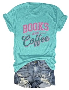 Short sleeve T-shirt with Books and Coffee print paired with distressed denim shorts