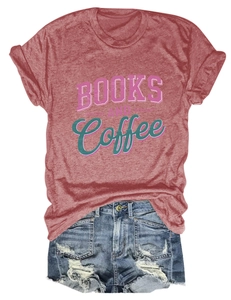 Detail of Books and Coffee graphic tee with distressed denim shorts set on white background