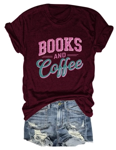 Close-up of Books and Coffee print on casual burgundy cotton t-shirt with denim shorts