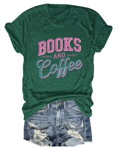 Detail of dark green t-shirt with Books and Coffee print and frayed denim shorts