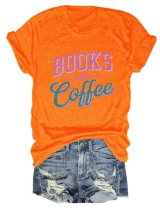 Detail of Books and Coffee graphic print on orange cotton t-shirt with rolled sleeves