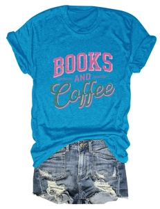 Flat lay of blue cotton t-shirt with Books and Coffee print and ripped denim shorts