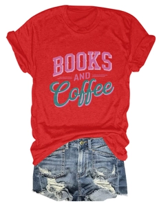 Detail of red Books and Coffee t-shirt paired with frayed denim shorts on white background
