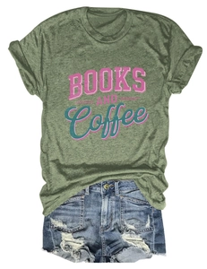 Detail view of cotton t-shirt with books and coffee print and distressed denim shorts